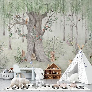 Papier peint autocollant Forêt enchantée, papier peint non tissé animaux de la forêt, décoration murale en vinyle pour chambre d'enfant