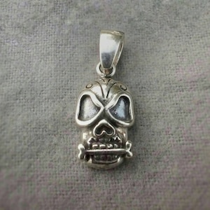 New Sugar Skull Biting A Dog Bone Pendant .925 Sterling Silver Gothic Biker - 1.5&quot; Tall With Bail X 1/2&quot; Wide - Weighs 4 Grams