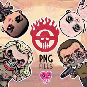 Post-apocalyptische vrienden clipart, post-apocalyptische punkkunst clipart, superhelden clipart, verjaardagsfeestje clipart, post-apocalyptische film jaren 90