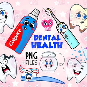 Paquete dental png, clipart de dientes limpios kawaii, pasta de dientes, hilo dental, cepillo de dientes, dientes felices, educación dental, clipart de dientes editable