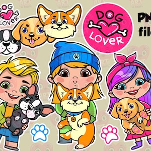 Cute Dog Lover Clipart PNG Bundle with Kids Holding Puppies Cartoon Faces Paw Prints Stickers for Scrapbook Crafts Design