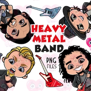 Heavy metal rockmuziek band clipart, rockliefhebbers, schattige rockmuziekbundel, schattige kinderen vrienden clipart, gitaar clipart, muziek rockband party