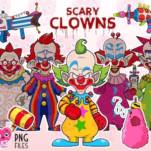 Imágenes prediseñadas de payasos aterradores, imágenes prediseñadas de películas de payasos, paquete de payasos horribles, payaso de película de terror, asesinos de Halloween png, película de Halloween vintage