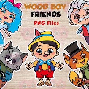 Chłopiec z drewna clipart, słodki pakiet kukiełek, zestaw bajkowych PNG, klasyczne postacie z kreskówek, styl opowieści retro, pobieranie cyfrowe