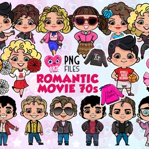 Film romantique des années 70, clipart rétro des années 50, clipart enfants mignons, lot de dames roses, oiseau T, voiture Lightning, téléchargement numérique des cliparts vintage