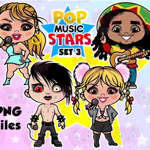 Pop music stars clipart, cartoon singers PNG bundle, stage performers set, cute characters for party, crafts, and digital fun projects