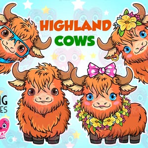 Highland cows clipart, Cute kids clipart, cute cows bundle, chibi Highland cows png, baby cow, Highland baby cow, farm animals clipart