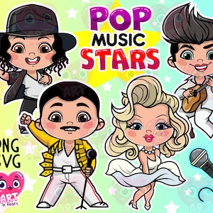 Pop music clipart svg, fofos músicos chibi clipart, fofos amigos crianças, pacote de música pop, pop stars clipart png svg