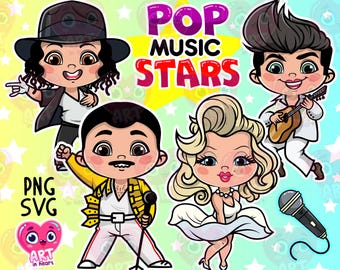 Pop music clipart svg, cute chibi musicians clipart, cute kids friends, pop music bundle, pop stars clipart png svg