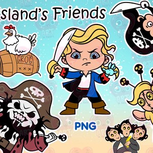 Puede incluir: Una ilustración colorida con un pirata, una sirena, un robot, un pollo y un barril. La ilustración se titula "Island's Friends" e incluye la palabra "PNG".