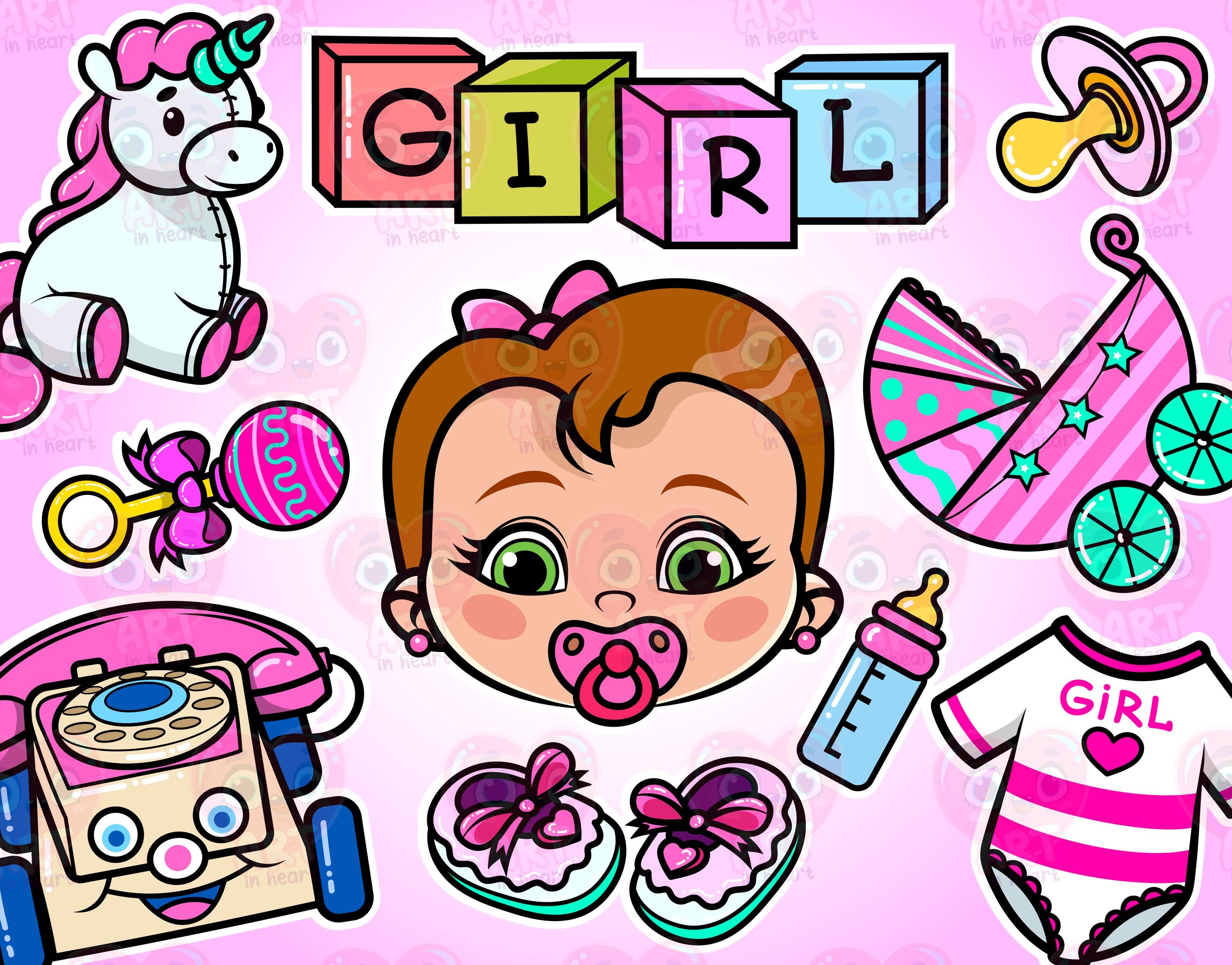 Baby girl clipart bundle pink stroller unicorn rattle onesie pacifier bottle shoes toy phone blocks cute cartoon PNG set