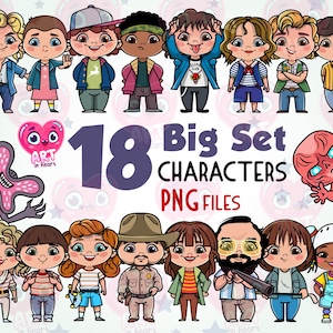 Op de afbeelding: Een set van 18 cartoonfiguren uit de populaire tv-serie Stranger Things. De personages zijn in verschillende poses en uitdrukkingen, waaronder Eleven, Dustin, Mike, Lucas, Will en de Demogorgon. De personages zijn allemaal in een cartoon-stijl en zijn felgekleurd. De afbeelding bevat ook de tekst "18 Big Set Characters PNG Files".