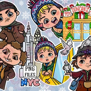 Clipart de Noël à New York, lot de dessins animés de vacances, enfants rigolos et ville PNG, ensemble de construction d'hiver, téléchargement numérique pour travaux manuels et produits à imprimer