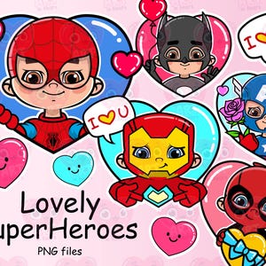 Pacote PNG de super-heróis do Dia dos Namorados, conjunto de clipart de meninos fofos de desenho animado, adesivos digitais com tema de amor, ilustrações de fundo de coração, herói doce