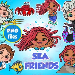 かわいい海のファンタジーキャラクターのクリップアートバンドルPNGセット、海の少女、王、王子、カニ、魚、魔術師、子供向けのクラフト、ステッカー、カード