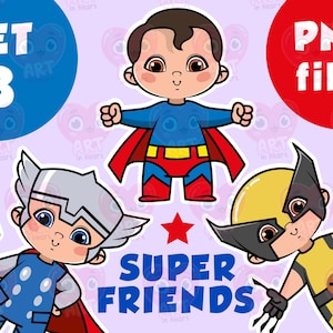 Cute Superhero Boys Clipart PNG Bundle with Capes Masks Hammer Claws Cartoon Style for Kids Party Crafts Stickers Decor