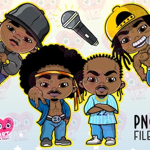 Paquete de rap hip hop de los 90, clipart de leyendas del rap, paquete de raperos, clipart de leyendas del hip hop, raperos chibi lindos, Bronx NYC, lado oeste, micro