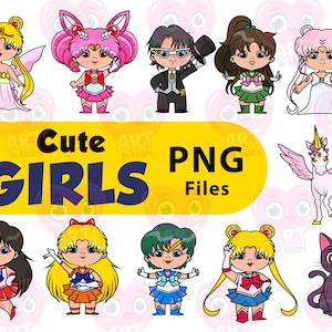 Cute magical girls PNG clipart, cartoon characters bundle with pets and unicorn, perfect for stickers, crafts, and digital designs