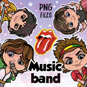 rockmuziekband clipart, rockliefhebbers, schattige rockmuziekbundel, schattige kinderen vrienden clipart, gitaarclipart, muziek rockbandfeest