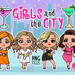 Filles dans la ville clipart, filles à New York, clipart filles chibi, jolie femme new-yorkaise, clipart filles mode film NY
