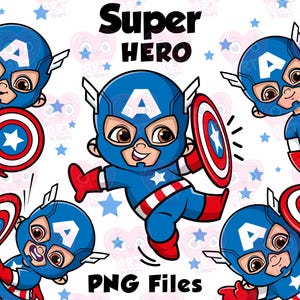 Cute little hero boy PNG clipart set with shield stars blue costume action poses cartoon character bundle for kids party decor