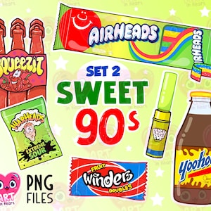 Może przedstawiać: Cyfrowa ilustracja zestawu słodyczy i napojów z lat 90. Zestaw zawiera Airheads, Warheads, Squeezit, Fruit Winders, cukierki Push Pop i napój czekoladowy Yoohoo. Tekst "Set 2 Sweet 90s" jest napisany kolorowym fontem.