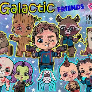 Cute Galactic super heroes clipart, Space friends clipart, Cute space kids, space birthday party clipart, Galaxy keeper png, chibi png