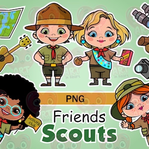 Scout Kinder Clipart, Camping PNG-Bundle, Outdoor Cartoon mit Karten, Keksen, Ausrüstung und niedlichen Spähern. Perfekt zum Basteln und Dekorieren.