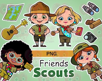 Scout kids clipart, camping PNG bundle, outdoor cartoon set with maps, cookies, gear, and cute scouts. Perfect for crafts and decorations.