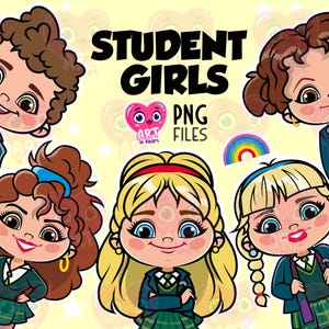 Imágenes prediseñadas de chicas estudiantes, svg de chica estadounidense, imágenes prediseñadas de chicas chibi, lindas estudiantes femeninas, imágenes prediseñadas de chicas de moda de películas, paquete de lindas chicas chibi