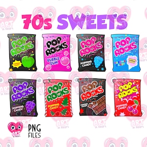 Lot de bonbons pop des années 70, clipart bonbons des années 70, clipart bonbons des années 80, nostalgie, clipart rétro, vintage, fête rétro des années 80, cadeaux rétro