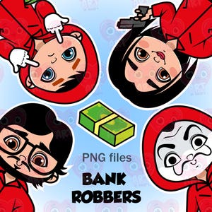 Pacchetto di divertenti clipart PNG di rapinatori di banche con abiti rossi, pistole, volti mascherati per decorazioni per feste, biglietti, adesivi