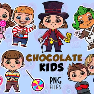 May include: A set of digital illustrations featuring children dressed as characters from the movie "Charlie and the Chocolate Factory". The illustrations include a girl with a pink dress and lollipop, a boy with a striped shirt and chocolate bar, a boy with a top hat and red jacket, a boy with green hair and a white shirt, a boy with a striped shirt and a lollipop, a girl with a blue shirt and a lollipop, and a boy with a red shirt and crossed arms. The text "Chocolate Kids PNG Files" is included in the image.