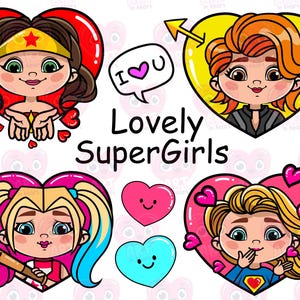 Pacote PNG de super-heroínas do Dia dos Namorados, clipart fofo de heroínas de desenho animado, conjunto digital com tema de amor, ilustrações de corações e rosa, feriado romântico