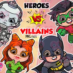 Super-herói clipart, Vilões clipart png, pacote de poder para meninos, lembrancinhas de festa de aniversário para meninos, heróis chibi fofos, Festa de aniversário, Topos de bolo