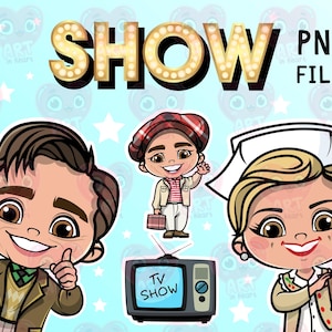 May include: A digital illustration of three cartoon characters. The first character is a man with brown hair wearing a brown jacket and a green shirt. The second character is a man with brown hair wearing a red and white striped shirt and a red hat. The third character is a woman with blonde hair wearing a white nurse's uniform and a white hat. The characters are standing in front of a blue background with white stars. There is a television set with the words "TV SHOW" on the screen. The text "SHOW" is in yellow with light bulbs. The text "PNG FILES" is in black.