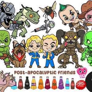 May include: A collection of 24 PNG files featuring cartoon illustrations of post-apocalyptic characters and creatures. The images include a variety of figures, such as a robot, a green monster, and a dog, along with bottles of soda.