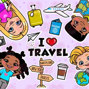 Pacote de clipart PNG para crianças viajando, conjunto de ilustrações fofas de viajantes de desenho animado, tema de férias e aventura, mapa globo de mala de avião com passaporte