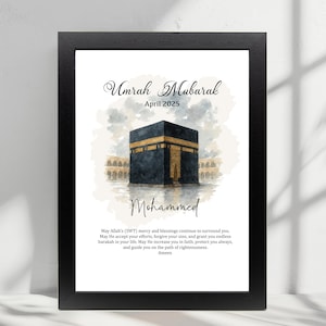 May include: A watercolor illustration of the Kaaba in Mecca, Saudi Arabia. The image is in a black frame and includes the text "Umrah Mubarak April 2025" and "Mohammed". The text below the image reads "May Allah's (SWT) mercy and blessings continue to surround you. May He accept your efforts, forgive your sins, and grant you endless barakah in your life. May He increase you in faith, protect you always, and guide you on the path of righteousness. Ameen."