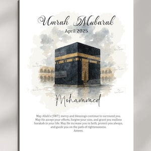 May include: A watercolor illustration of the Kaaba, a cube-shaped building in Mecca, Saudi Arabia. The image is surrounded by a gray and white watercolor background. The text "Umrah Mubarak April 2025" is at the top of the image. The text "Mohammed" is below the image. The text "May Allah's (SWT) mercy and blessings continue to surround you. May He accept your efforts, forgive your sins, and grant you endless barakah in your life. May He increase you in faith, protect you always, and guide you on the path of righteousness. Ameen" is at the bottom of the image.