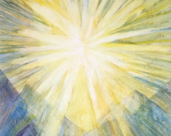 Winter sun. Watercolor. JPG Poster A4, A5, A6 for downloading. Winter landscape. Waldorf painting. Wall decor