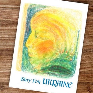 Warten auf den Sonnenaufgang. Frühlingspostkarte. PDF zum Drucken auf A6. Trockene Pastellmalerei. Waldorfkunst. Bleib für die Ukraine Postkarte