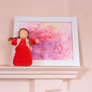 A set Waldorf doll Princess Strawberry + Watercolor A3. Textile Eco toy in Art bag for baby, toddler, children 10, 12, 14 inches/Coral Red.