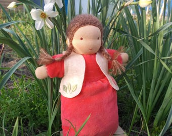 Waldorf doll Princess Strawberry. Textile Eco toy in Artbag for baby, toddler, children of 0-4. Ideal to play. 10, 12, 14 inches/ Coral Red.