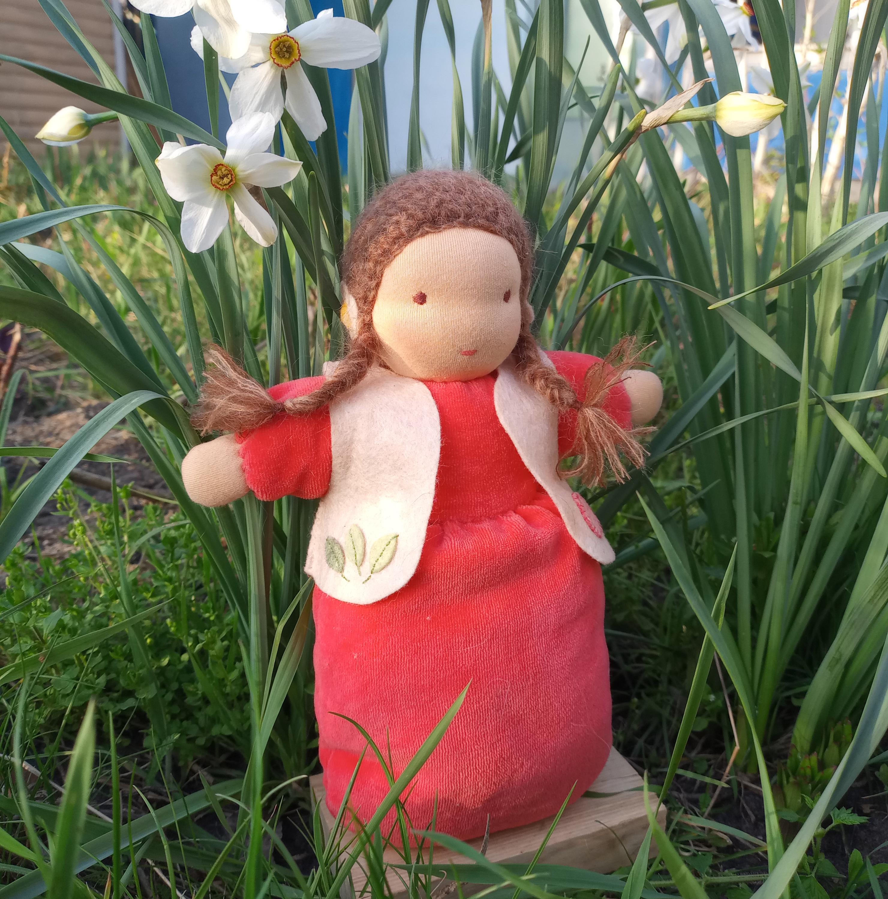 Waldorf doll Princess Strawberry. Textile Eco toy in Artbag for baby, toddler, children of 0-4. Ideal to play. 10, 12, 14 inches/ Coral Red.