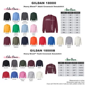 May include: A product image showcasing Gildan 18000 and 18000B Heavy Blend crewneck sweatshirts in various colors. The adult and youth sizes are displayed with a size chart. The color chart includes colors like black, blue, green, pink, and red. Measurements are in inches.