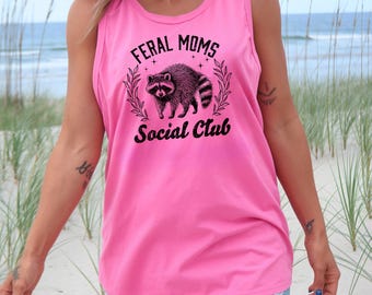 Feral Moms Social Club Raccoon Tank Top: Summer Vacation Graphic Racerback 285549