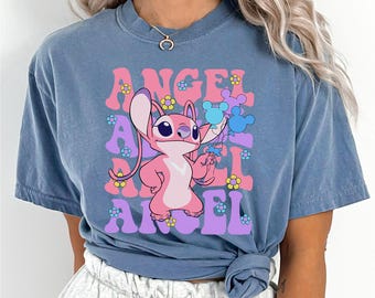 Disney Floral Angel Shirt, Comfort Colors, Cute Angel Shirt, Disney Balloons Stich Angel Tee, Disneyland Trip Shirt, Girly Disney Tee 283918