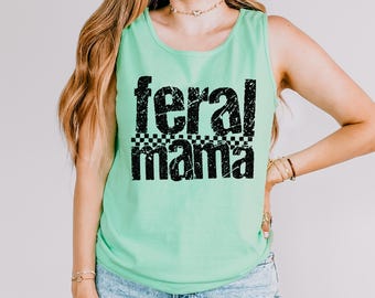 Checkered Feral Mama Tank Top: Summer Vacation Graphic Racerback 285548
