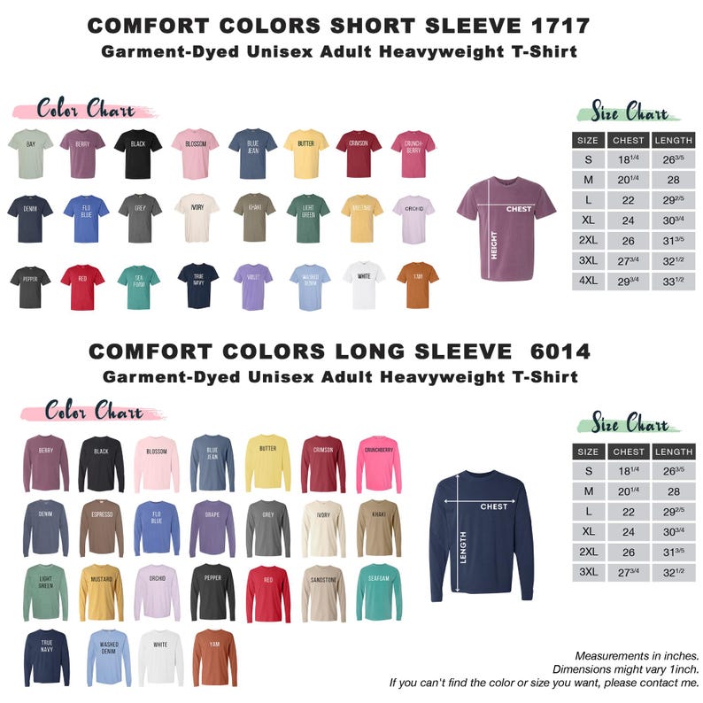 Pu&ograve; includere: Immagine di una tabella colori per t-shirt Comfort Colors a maniche corte e lunghe. La tabella mostra vari colori, tra cui nero, blu navy e bianco. Sono incluse anche tabelle delle taglie, con misure in pollici per petto e lunghezza.